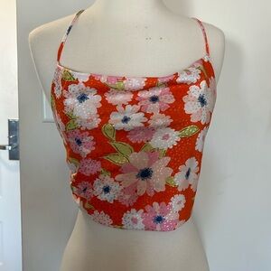 Orange Crop Top with Criss Cross and Tie Back
